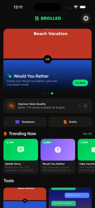 Brolled home screen with trending video formats