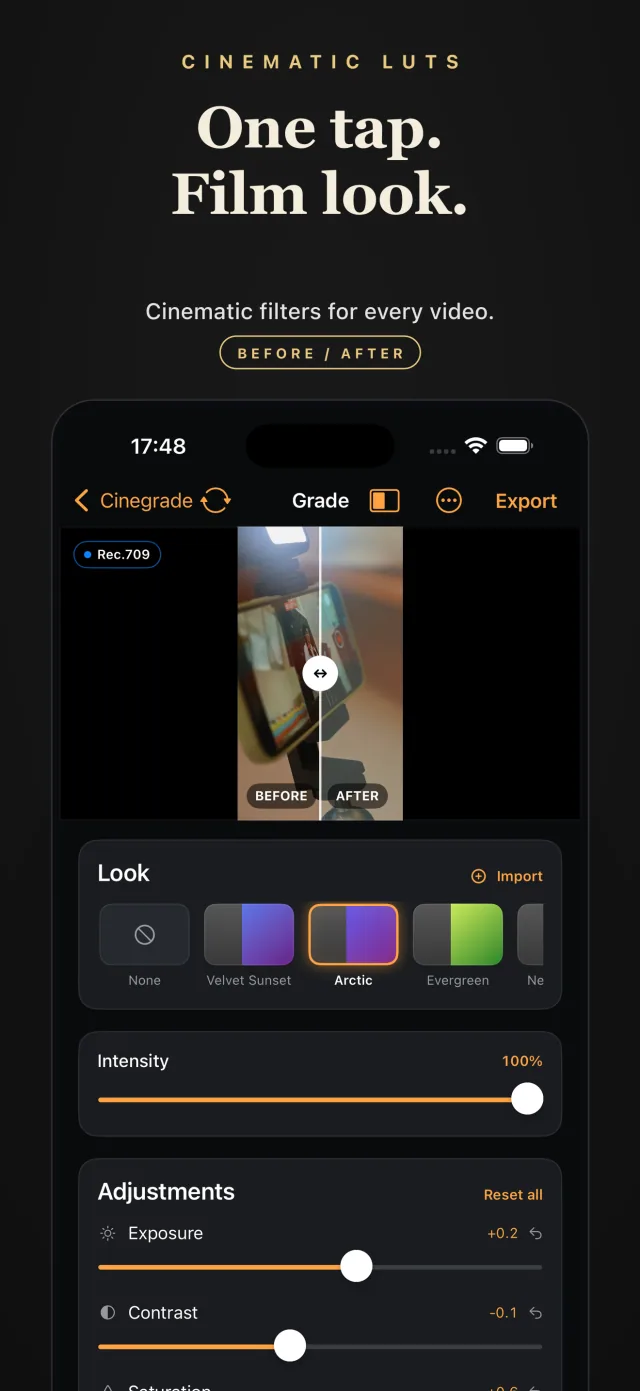 Cinegrade’s before-and-after preview helps you compare the applied look with your source.