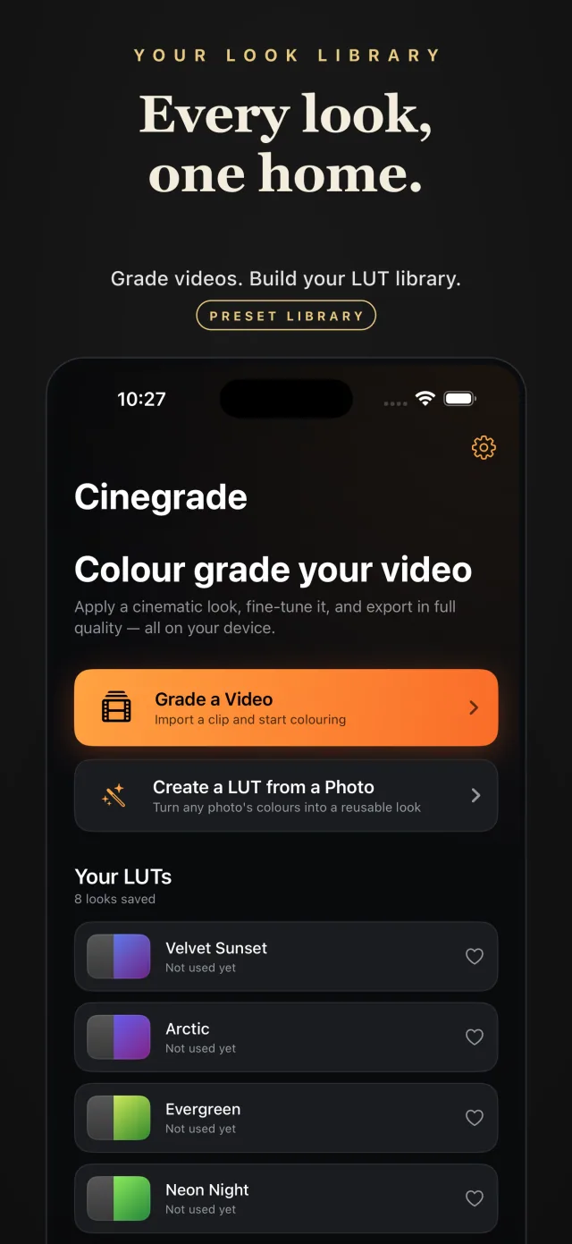 Cinegrade screenshot — LUT library
